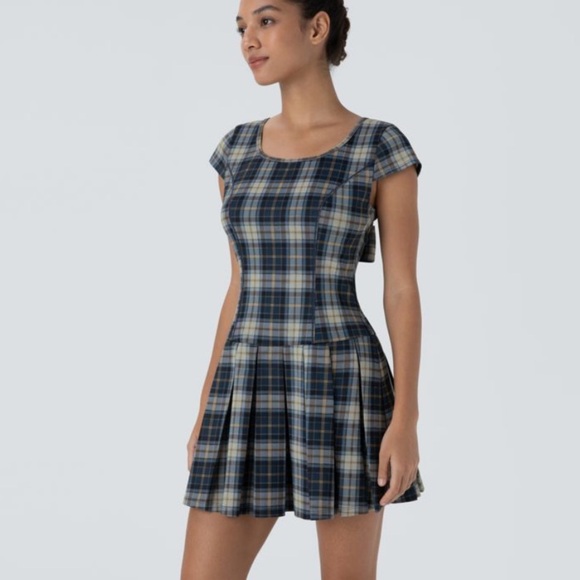 Halara Backless Tie Back U Neck Plaid Pleated Hem Mini Casual Dress NWT - Picture 7 of 7
